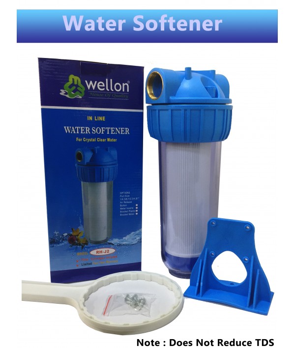 WELLON 10 inch Transparent Standard Crystal Clear Water Softener Filter Housing Bathroom Water Filter with Presser Relief Button and 1” Inlet/Outlet Brass Port, Mounting Hardware Included set